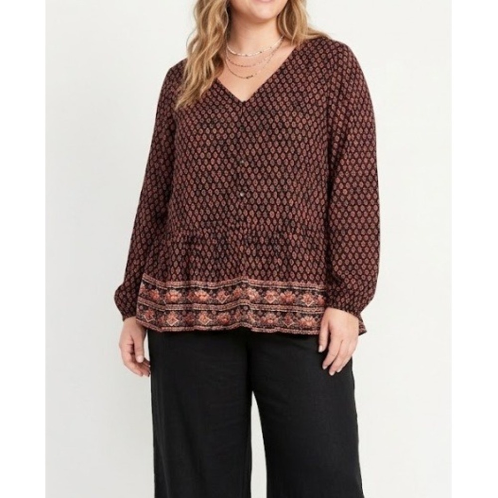 New Style & Co Blouse XL Geometric Boho Peplum Popover Ultra Soft Feminine